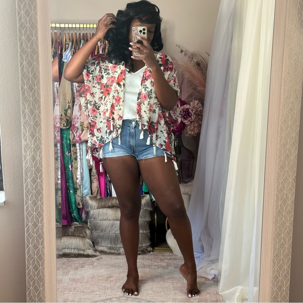 Floral Boho Sheer Summer Kimono with Tassles